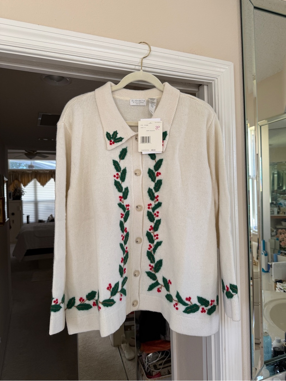 Liz Claiborne Ivory Cardigan with Green and Red Holly Trim